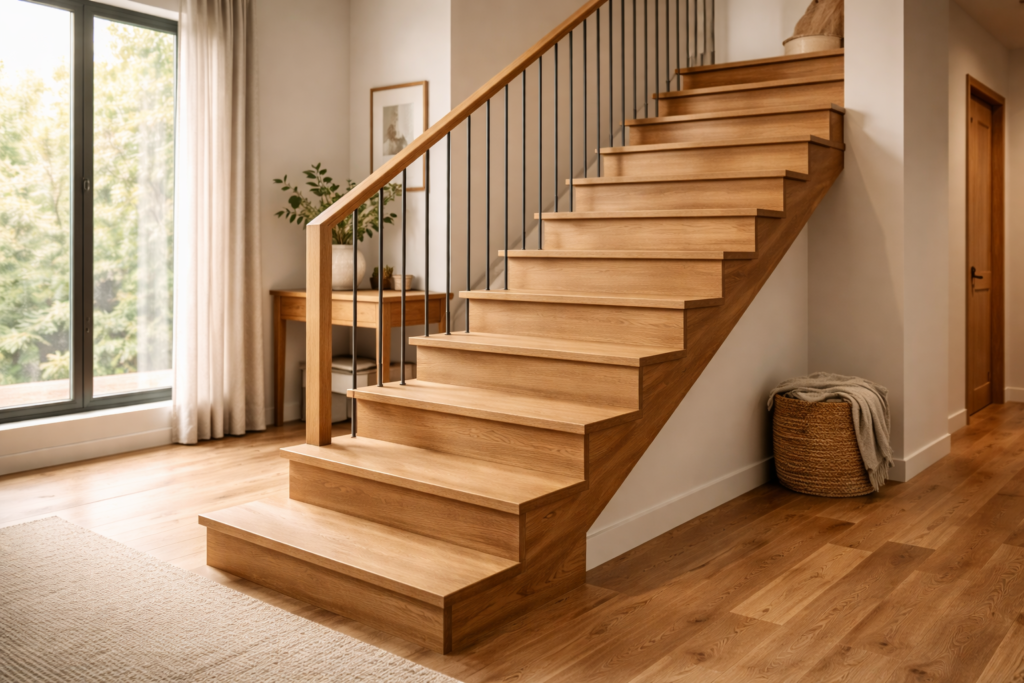 Escalera de madera maciza a medida fabricada por ORIXE Carpintería