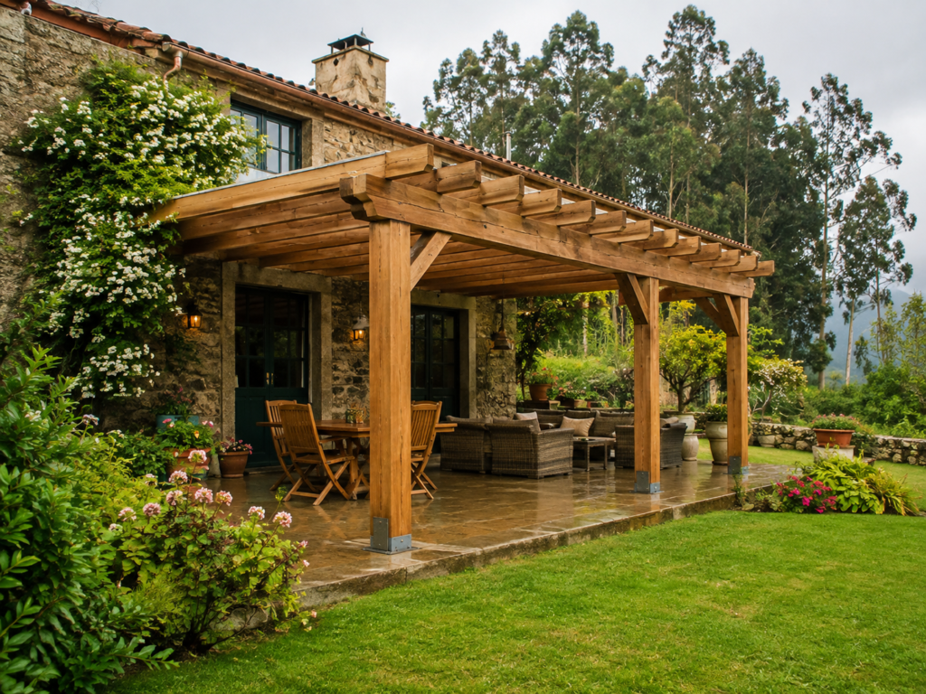 Pérgola de madera tratada instalada en el jardín de una vivienda gallega