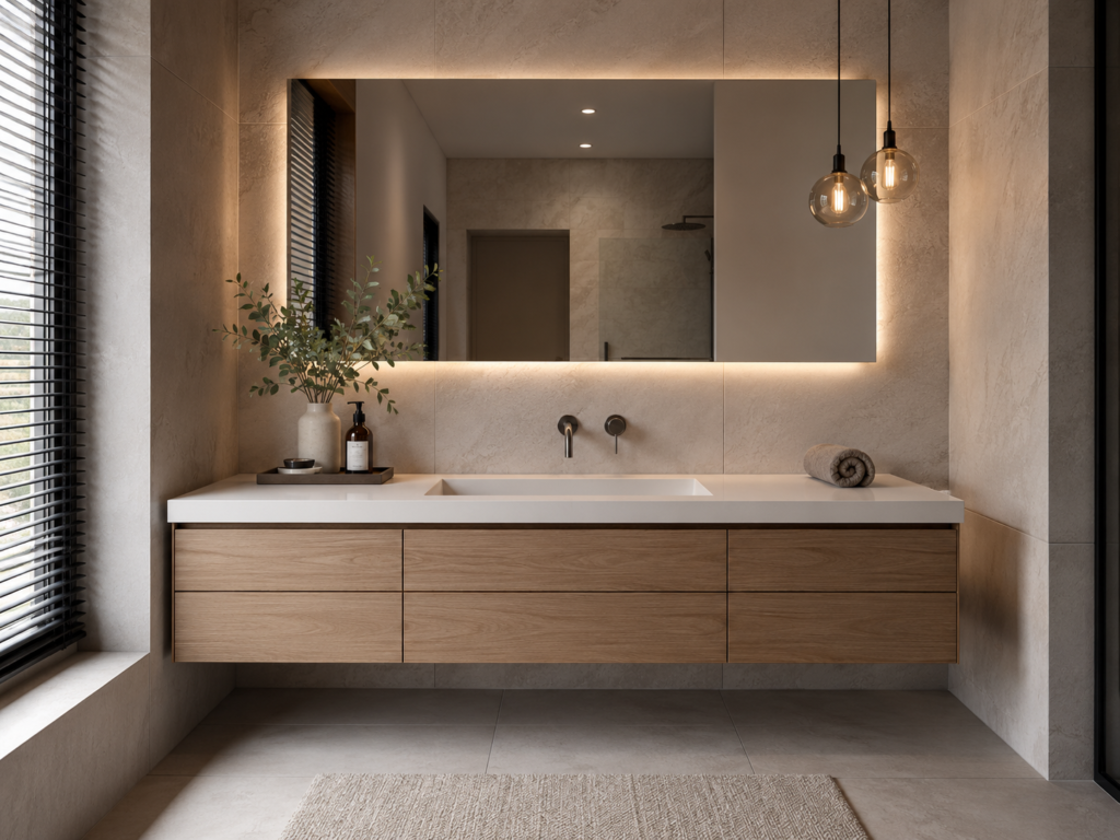 Mueble de baño suspendido a medida con encimera y lavabo integrado